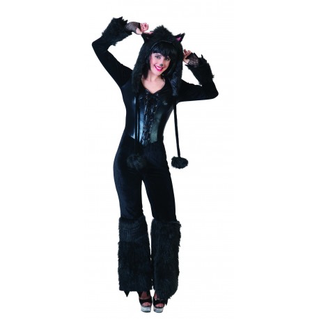 Costume Chat Noir Salopette Manches Longues Noires Bonnet Avec Oreilles Assorti